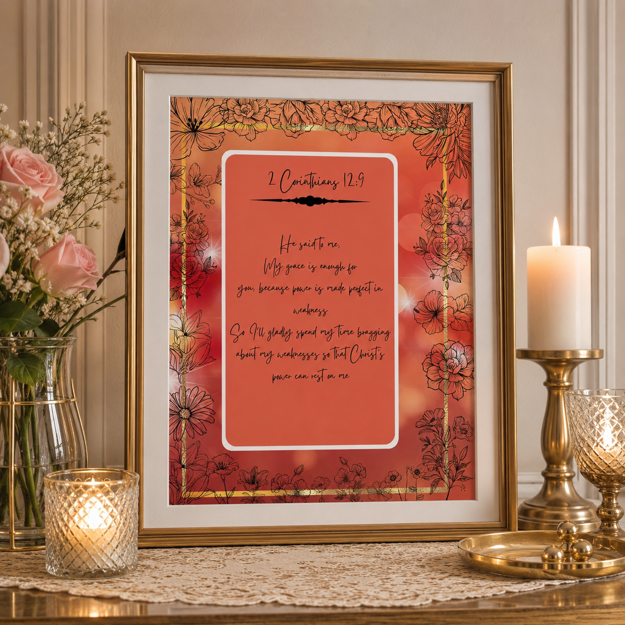 coral red with a floral border 2 Corinthians 12:9 christian art sitting upright on a decorative desk.