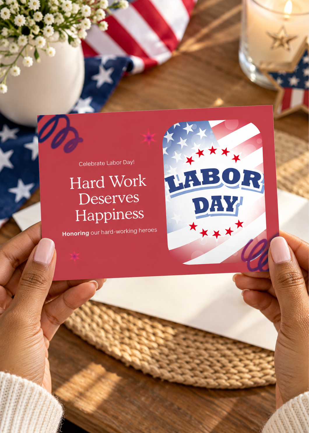 A red greeting card graphic featuring a large, rounded-corner image on the right side of the American flag with the bold blue text "LABOR DAY" framed by red stars. On the left side, the card displays white text that reads "Celebrate Labor Day!", "Hard Work Deserves Happiness", and "Honoring our hard-working heroes". Subtle pink sparkles and purple ribbon swirls decorate the upper and lower corners of the dark red background.