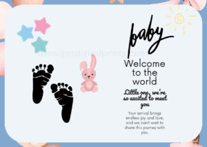 Welcome Baby Printable Card – Modern Baby Announcement Card with Footprints & Stars – Digital Download