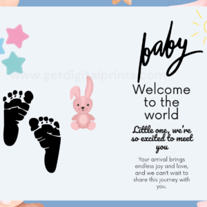 Welcome Baby Printable Card – Modern Baby Announcement Card with Footprints & Stars – Digital Download