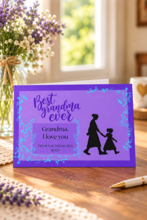 Featuring a soft purple background and a touching silhouette design, this artwork beautifully captures the bond between generations.