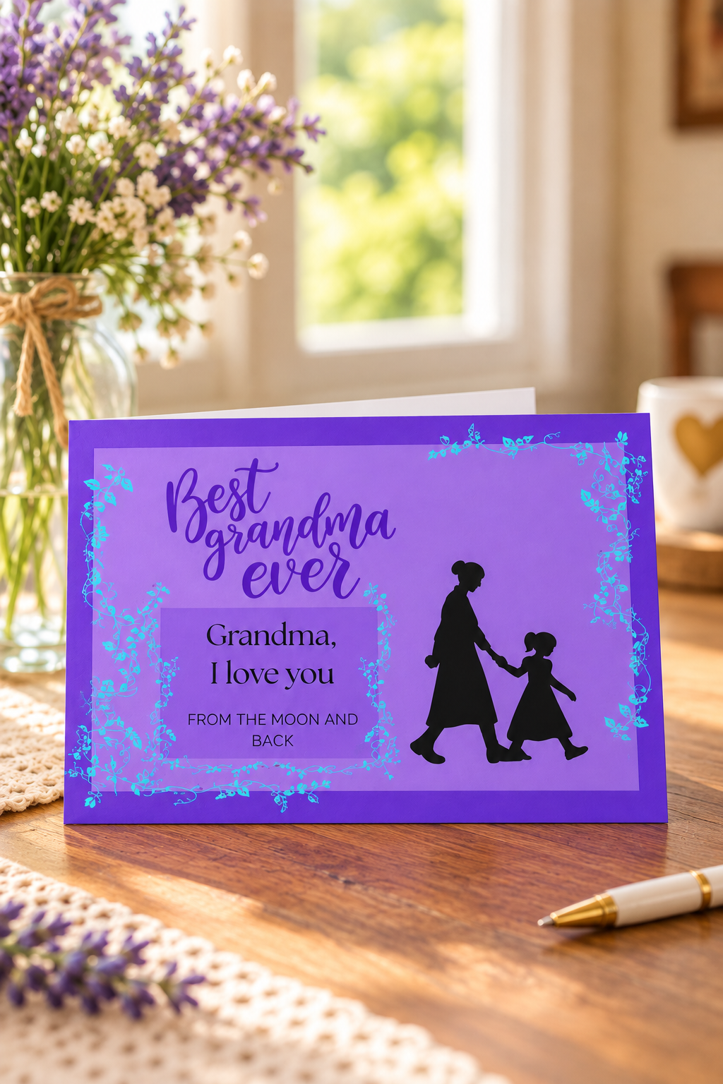 Featuring a soft purple background and a touching silhouette design, this artwork beautifully captures the bond between generations.
