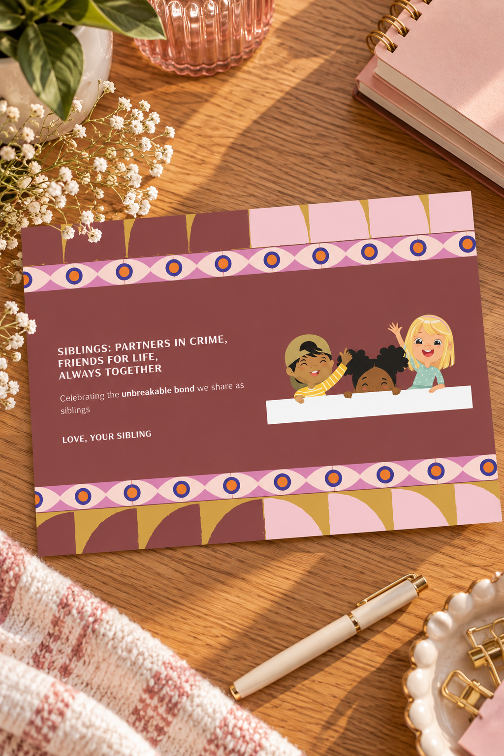 Featuring abstract heart artwork and expressive typography, it’s perfect for siblings who share humor, secrets, and unforgettable adventures.