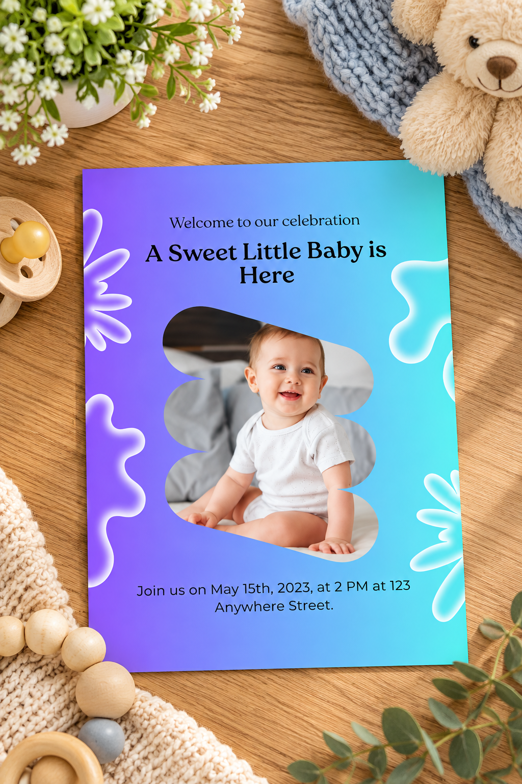 This premium printable baby card is ideal for baby showers, newborn congratulations, gender neutral celebrations, and thoughtful gifts. Add your personal baby picture to your baby card.