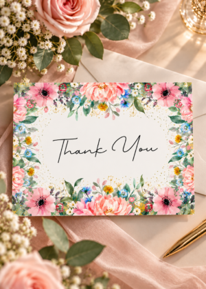 A realistic tabletop mockup showing a flat-laid thank you card with elegant cursive typography. The card features a vibrant border of pink watercolor flowers and green foliage, styled beautifully on a linen surface next to light pink roses and a gold pen.