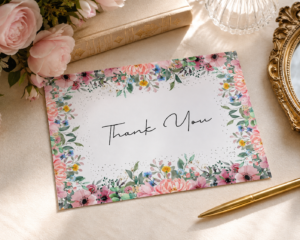 A realistic tabletop mockup showing a flat-laid thank you card with elegant cursive typography. The card features a vibrant border of pink watercolor flowers and green foliage, styled beautifully on a linen surface next to light pink roses and a gold pen.