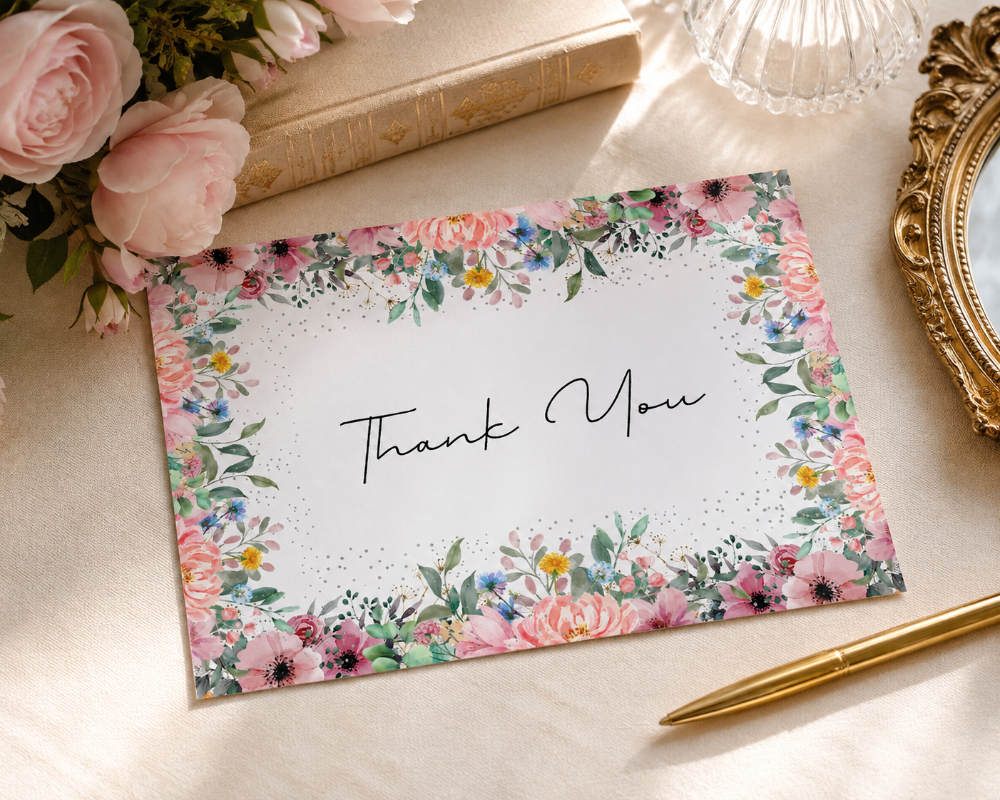 A realistic tabletop mockup showing a flat-laid thank you card with elegant cursive typography. The card features a vibrant border of pink watercolor flowers and green foliage, styled beautifully on a linen surface next to light pink roses and a gold pen.