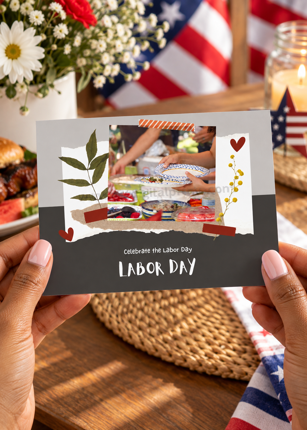 A scrapbook style greeting card with a split gray and dark brown background. The top half features a torn paper collage holding a photo of a lively outdoor Labor Day barbecue, where guests are filling their plates with food. The photo is styled with a strip of orange striped Washi tape at the top and brown tape at the bottom. The card is decorated with pressed green leaves, small yellow flowers, and tiny drawn red hearts, with the handwritten text "Celebrate the Labor Day" and "LABOR DAY" centered at the bottom.