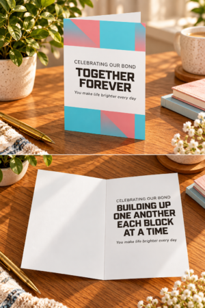 This “Celebrate Our Bond” sibling printable card uses building block imagery to symbolize how siblings grow together, support one another, and build lifelong memories. Clean lines and bright colors.