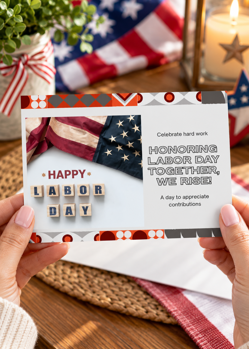 A horizontal greeting card with a clean, split layout against a gray background with red and white patterned decorative borders at the top and bottom. The left side showcases a high contrast photograph of an American flag draped in soft folds, with the text "HAPPY" printed in red text above wooden toy alphabet blocks spelling out "LABOR" and "DAY". The right side features a light gray panel containing the text "Celebrate hard work", "HONORING LABOR DAY TOGETHER, WE RISE!" in large stacked outlined lettering, and "A day to appreciate contributions".