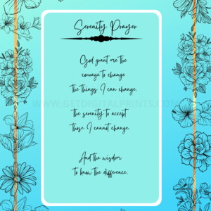Serenity Prayer Floral Wall Art – Inspirational Blue Botanical Print