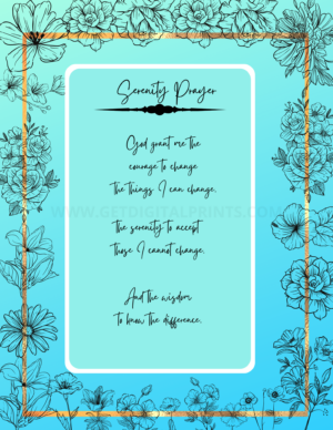 Serenity Prayer Floral Wall Art – Inspirational Blue Botanical Print