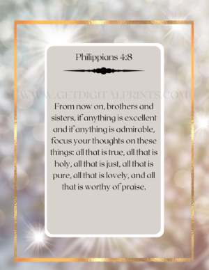 Philippians 4:8 Think on These Things Poster – Soft Gold Christian Meditation Print