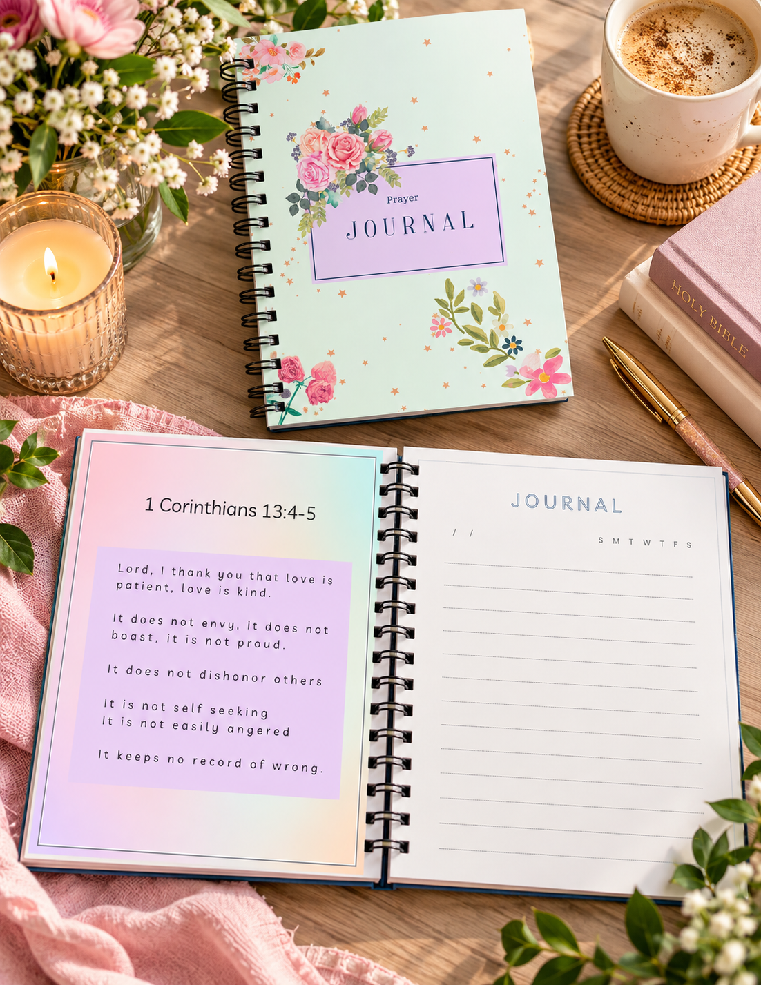 A spiral bound journal cover with a very light mint green background speckled with tiny, golden star outlines. Centered on the right is a pastel purple rectangular frame enclosing the text "Prayer JOURNAL" in dark blue lettering. The frame is beautifully decorated at the top left corner with a large, delicate watercolor bouquet of pink roses, green leaves, and tiny blue berries. Additional small bouquets of pink wildflowers and delicate green leafy branches accent the top left, bottom left, and bottom right corners of the cover.