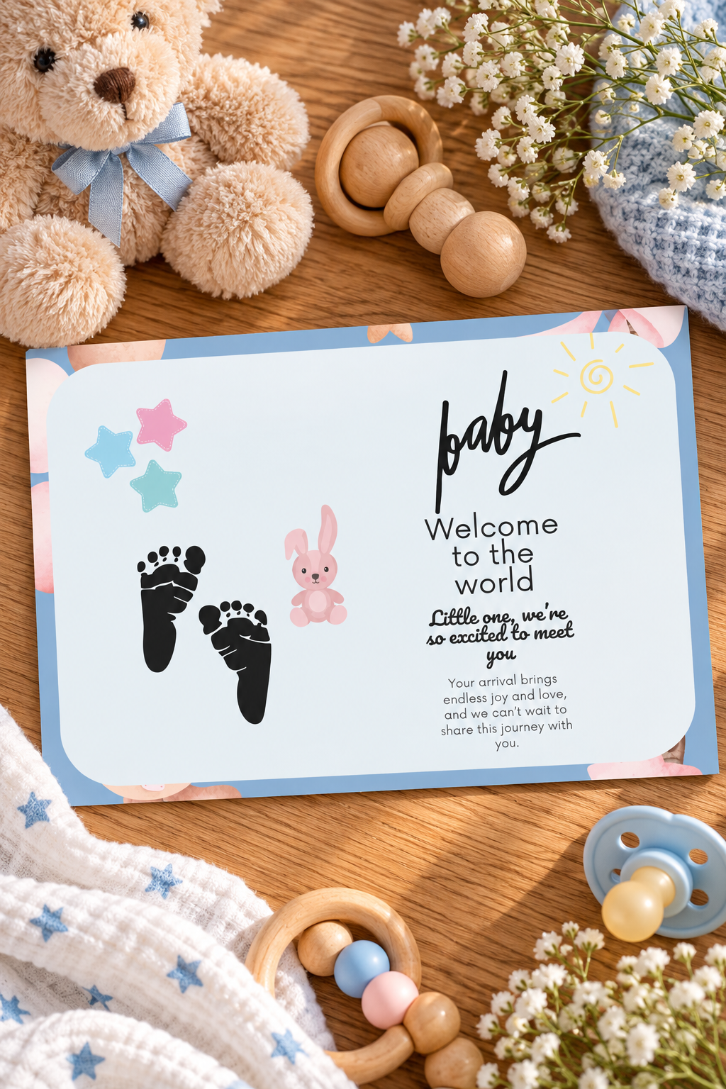 Designed with charming baby footprints, soft star accents, and a playful illustrated style.