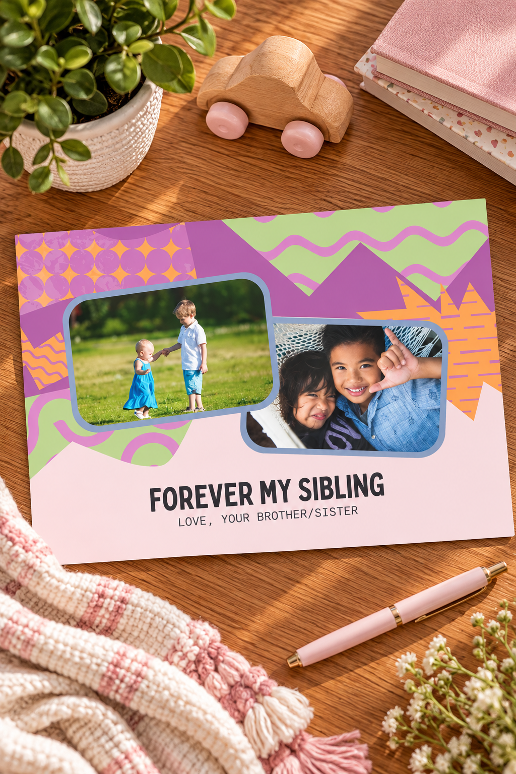 Dynamic Duo Forever My Sibling Greeting Card. A colorful greeting card with purple, green, and orange abstract retro patterns featuring two photo slots for siblings, with bold black text reading FOREVER MY SIBLING.