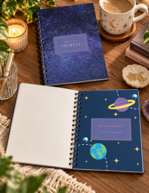 A spiral bound notebook with a dark, shimmering galaxy background filled with dense clusters of deep blue and purple cosmic stardust. In the center sits a horizontal lavender blue rectangular label framed by a thin, reddish orange border. Inside the label, the word "Spiritual Flow" is printed in small, light orange letters directly above the word "JOURNAL" written in a bold, elegant white serif font.