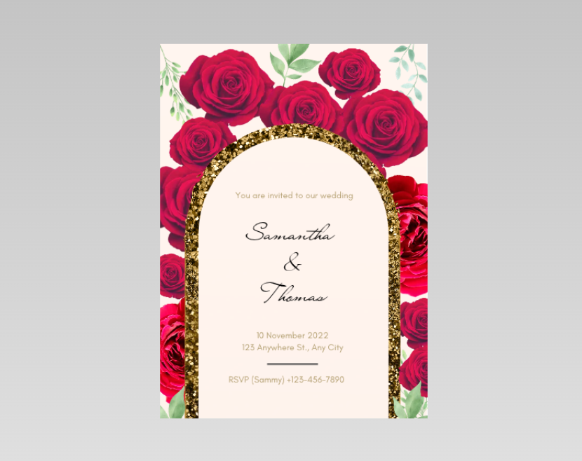 Printable red rose wedding invitation template with a gold glitter arch frame.