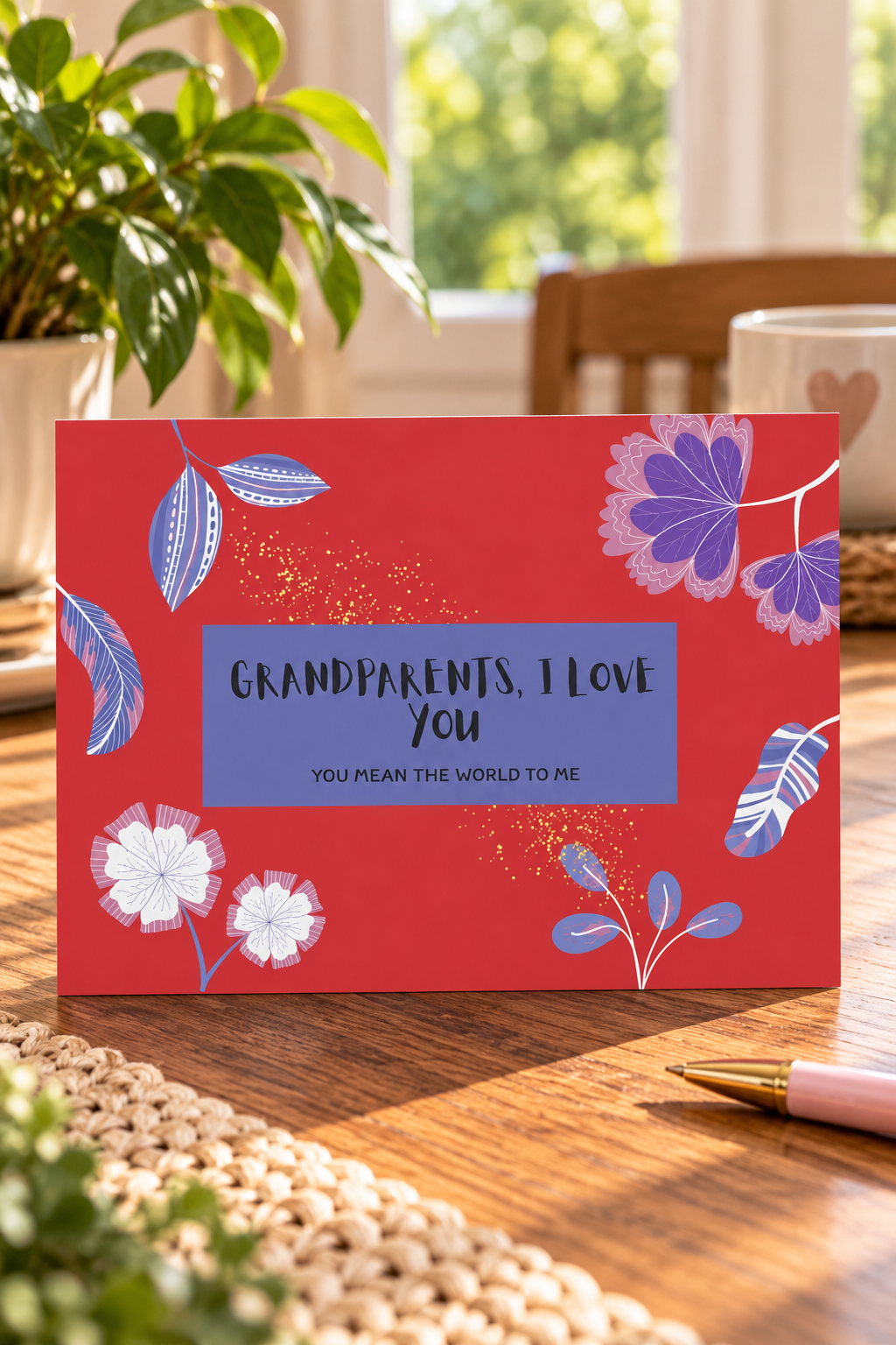 This vibrant red floral Grandparents, I Love You printable card is a beautiful way to express deep appreciation for the love, guidance, and warmth grandparents provide.