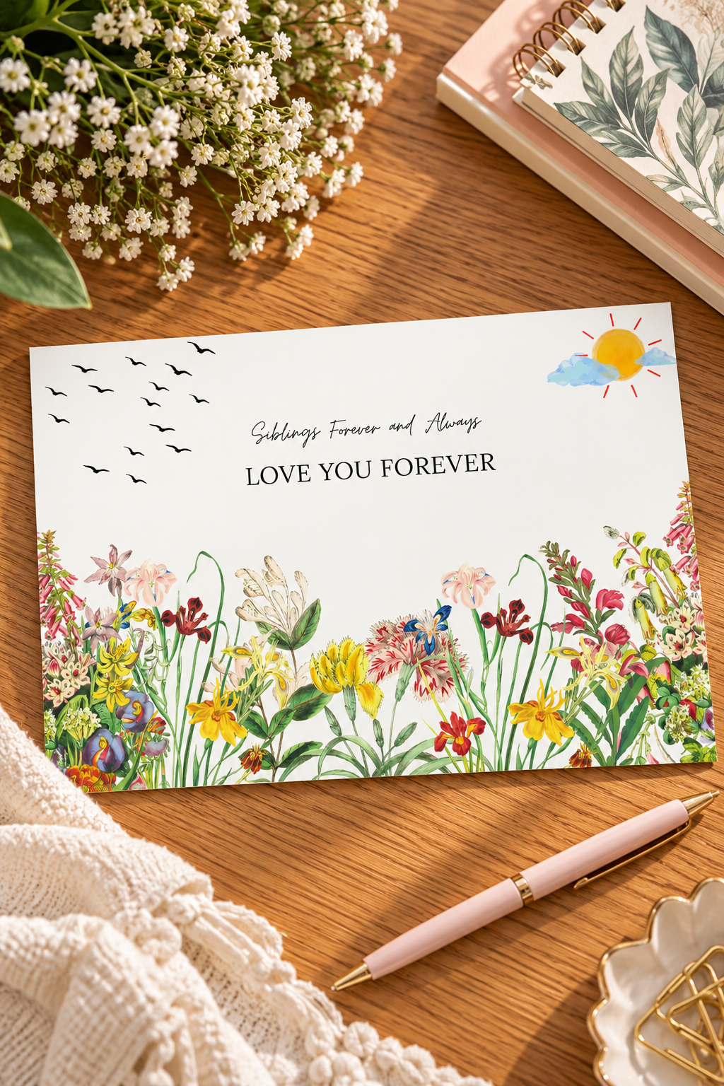 this Love You Forever sibling printable card features delicate floral illustrations and refined typography. Designed to evoke warmth and sincerity.