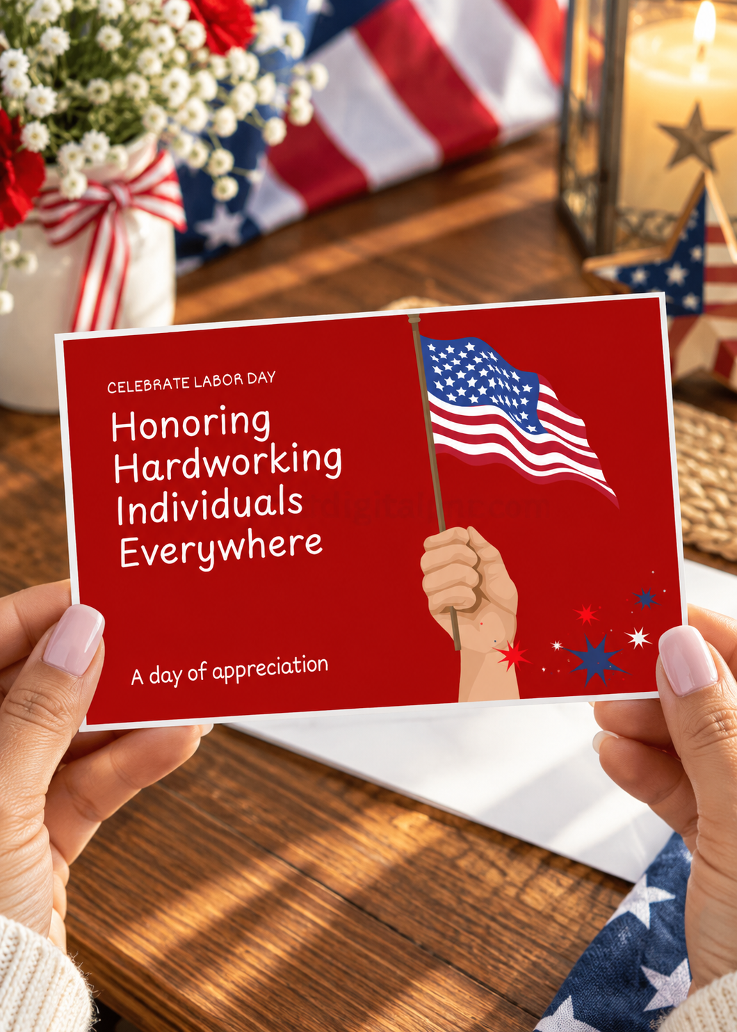A red american labor day card featuring an american flag held in a persons hands.