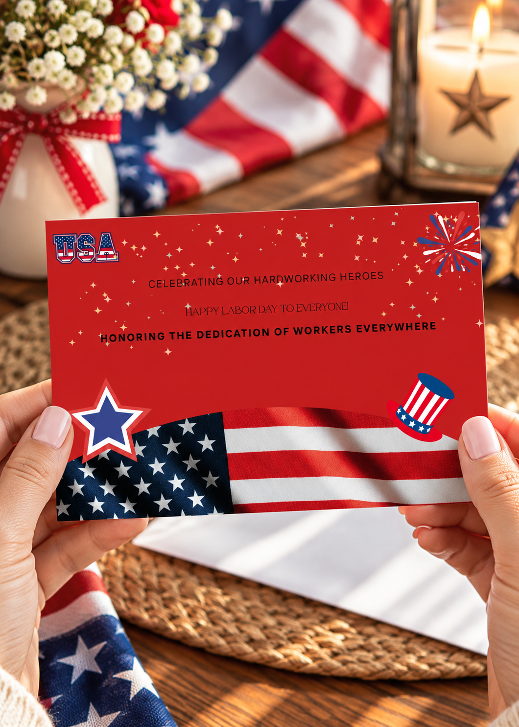 A patriotic holiday greeting card with a bright red background filled with small, twinkling white stars and a red, white, and blue fireworks burst in the upper right corner. In the upper left corner, a stylized emblem reads USA. The center features black text that reads CELEBRATING OUR HARDWORKING HEROES, HAPPY LABOR DAY TO EVERYONE!, and HONORING THE DEDICATION OF WORKERS EVERYWHERE. The bottom of the card is anchored by a waving American flag, accented by a large white star with a blue border on the left and Uncle Sam's striped top hat on the right.