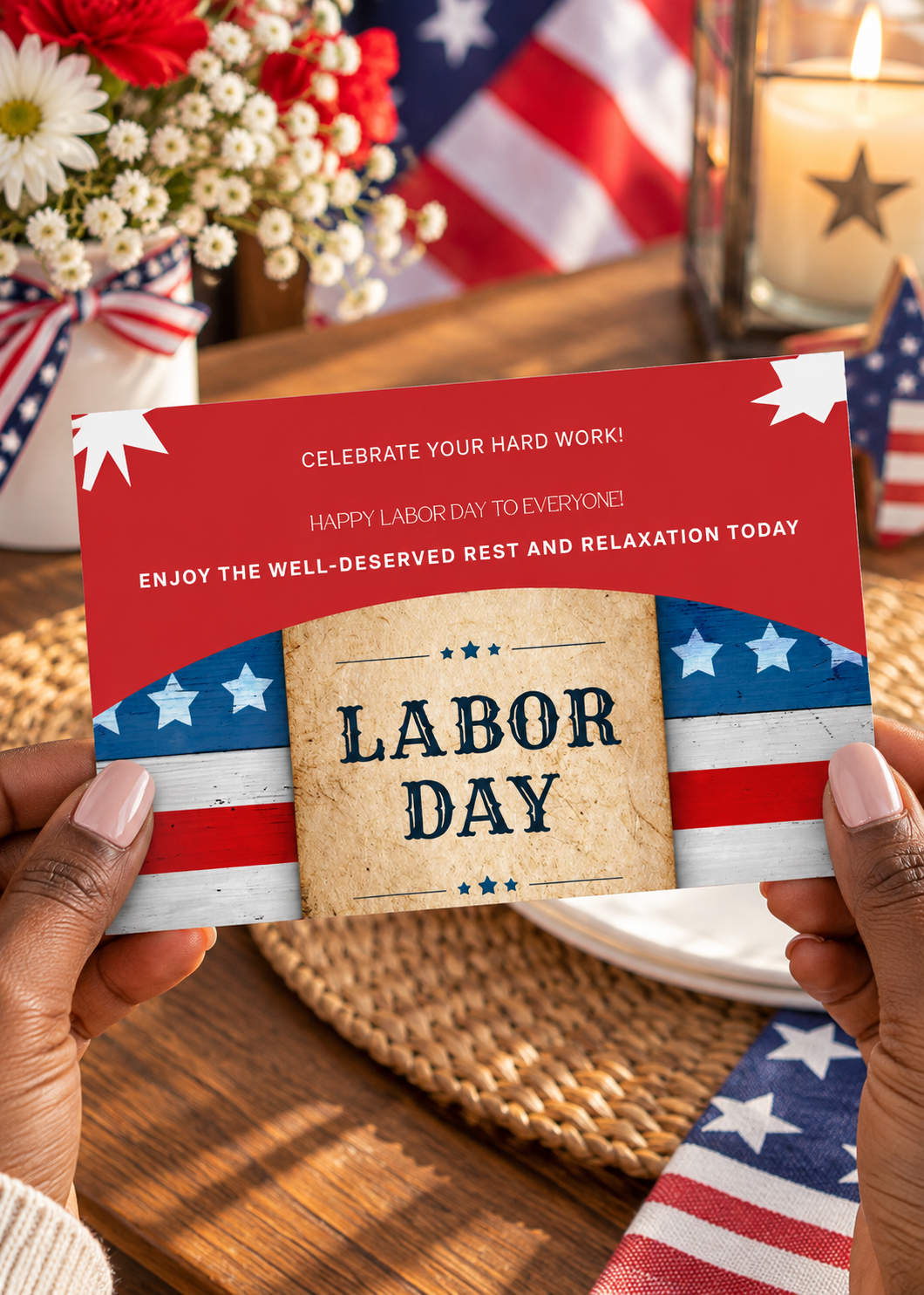 A patriotic greeting card design featuring a vibrant red upper background with white text that reads CELEBRATE YOUR HARD WORK!, HAPPY LABOR DAY TO EVERYONE!, and ENJOY THE WELL DESERVED REST AND RELAXATION TODAY. The bottom half showcases a rustic, weathered American flag pattern with horizontal red and white stripes and white stars on a blue background. Centered over the flag is an arched, textured parchment paper graphic reading LABOR DAY in a bold, dark blue vintage font, framed by three small blue stars above and below.