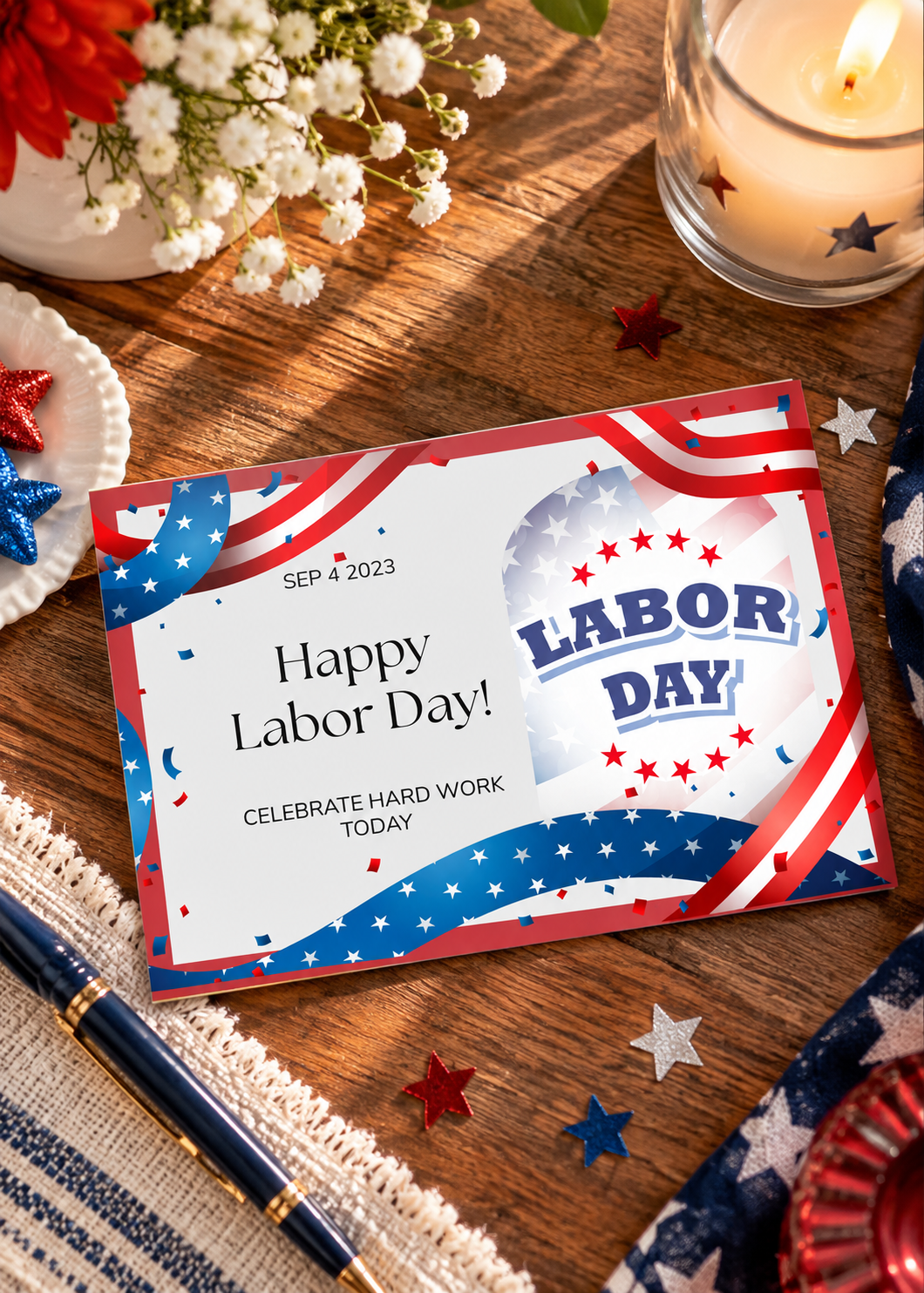 A horizontal holiday greeting card with a bright white background framed by festive red and blue patriotic banners decorated with white stars. Small red and blue confetti pieces flutter around the borders. The left side features black text that reads "Happy Labor Day!", and "CELEBRATE HARD WORK TODAY". The right side displays a large, arched graphic containing an American flag design backdrop, with five red stars arching over the bold blue text "LABOR DAY" and five red stars arching beneath it.