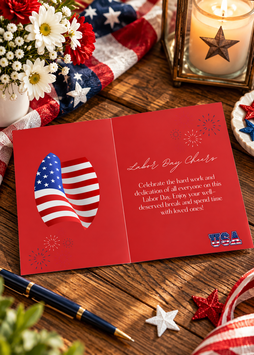 A horizontal holiday greeting card with a vibrant red background split cleanly down the center by a thin vertical white line. The left half displays a glossy, waving American flag graphic floating above delicate red and white fireworks line drawings in the bottom corner. The right half features white text that reads "Labor Day Cheers" in an elegant cursive script, followed by a block paragraph celebrating hard work and wishing a well deserved break with loved ones. A patriotic "USA" emblem outlined in white, red, and blue rests in the bottom right corner.