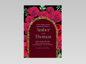 Burgundy & Gold Arch Wedding Invitation – Elegant Red Rose Floral Invite, Modern Printable Wedding Template