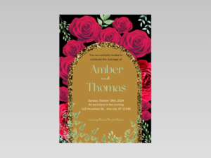 Gold Arch Rose Wedding Invitation – Elegant Red Floral Marriage Announcement, Printable Luxury Wedding Template