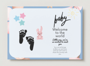Welcome Baby Printable Card – Modern Baby Announcement Card with Footprints & Stars – Digital Download