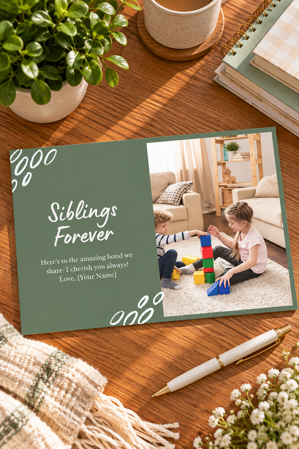 • A sage green greeting card decorated with white abstract oval doodles featuring a large vertical photo placeholder of kids playing blocks on the right, next to a handwritten script that reads 'Siblings Forever'.