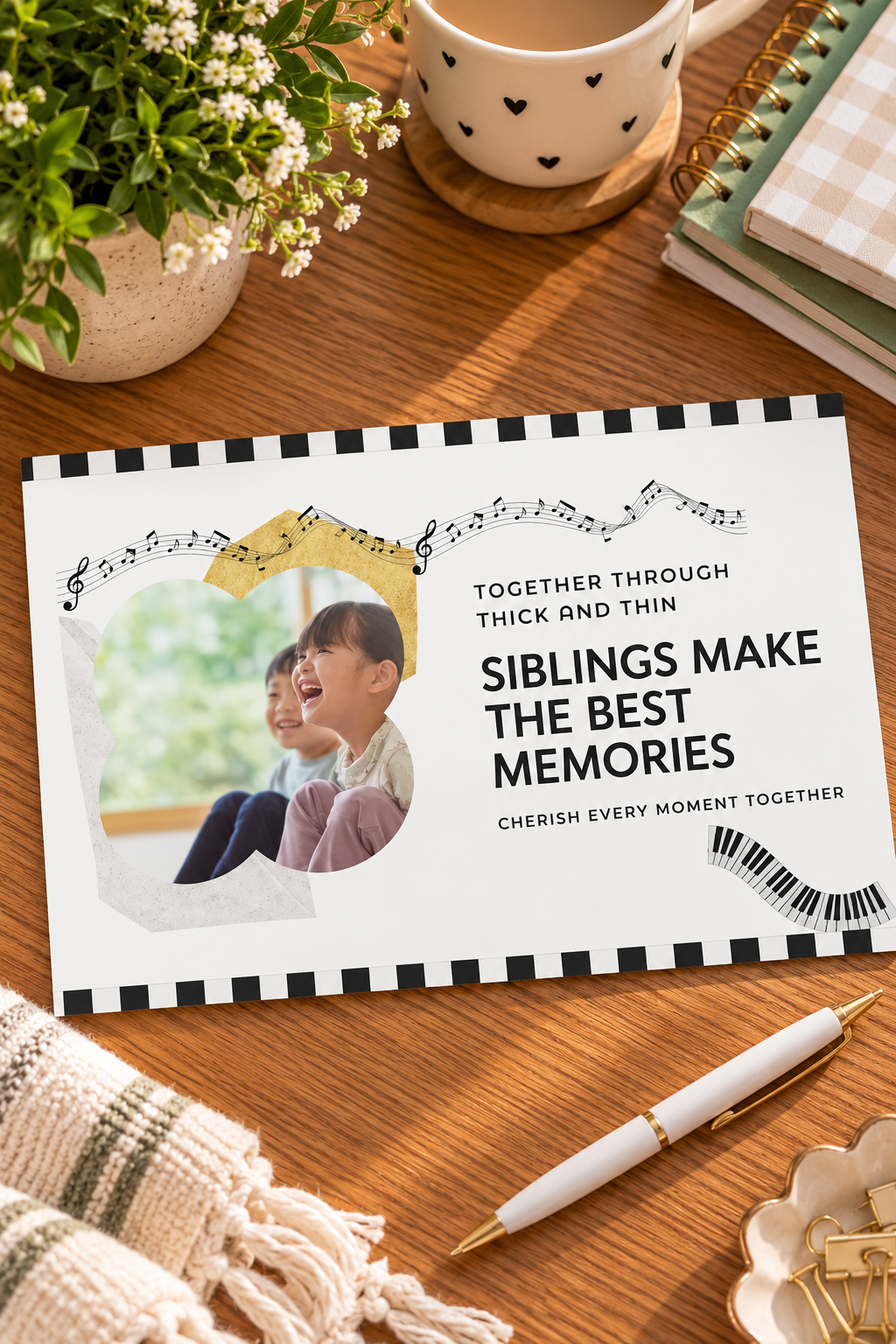 A musical-themed white greeting card with black-and-white checkered borders featuring a wavy photo cutout of laughing siblings next to flowing sheet music, a piano keyboard illustration, and text reading SIBLINGS MAKE THE BEST MEMORIES.