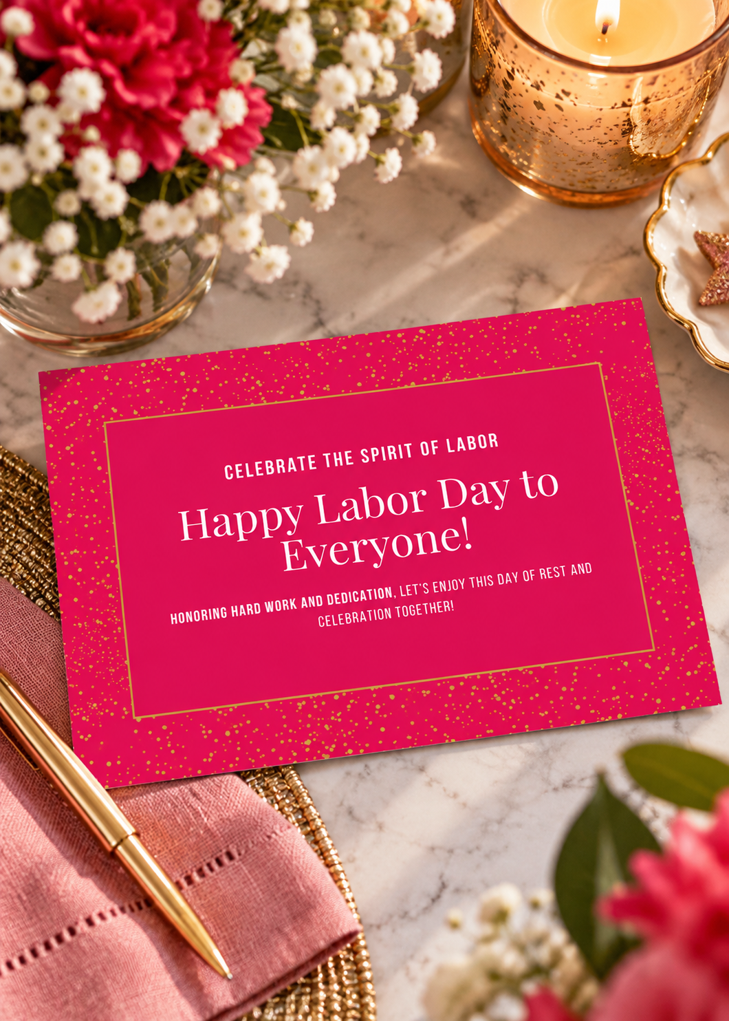 A horizontal holiday greeting card with a bright magenta pink background. The card features a decorative border made of a thin gold line, surrounded by a border pattern of tiny, glittering gold confetti dots sprinkled across the pink surface. Centered inside the gold frame is white text that reads "CELEBRATE THE SPIRIT OF LABOR", "Happy Labor Day to Everyone!", and a short message honoring hard work and dedication while wishing for a day of rest and celebration.