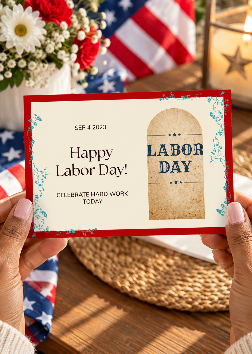 A horizontal holiday greeting card set against a soft cream background framed by a bold red border decorated with teal-blue leafy vines. The left side features dark gray text reading Happy Labor Day!, and CELEBRATE HARD WORK TODAY. The right side displays a textured, kraft paper style arched graphic containing three blue stars above the distressed blue text "LABOR DAY" and three blue stars below it.