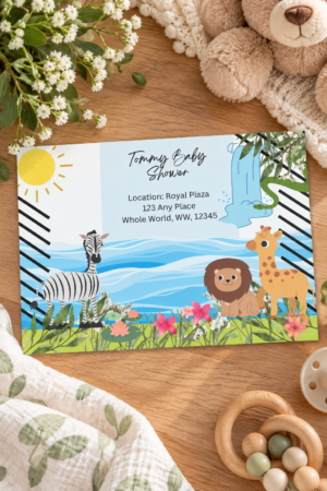 Designed with playful yet elegant details, this printable card features a cheerful zebra, lion, and giraffe set against flowing blue water, lush greenery, and soft floral accents creating a warm and whimsical atmosphere perfect for any child centered celebration.