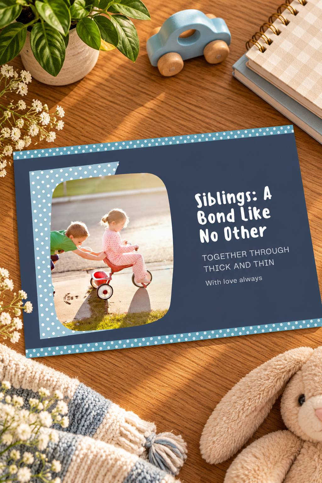 A dark blue greeting card with light blue polka dot borders featuring a photo cutout of a young brother pushing his sister on a tricycle, beside whimsical text reading Siblings: A Bond Like No Other.