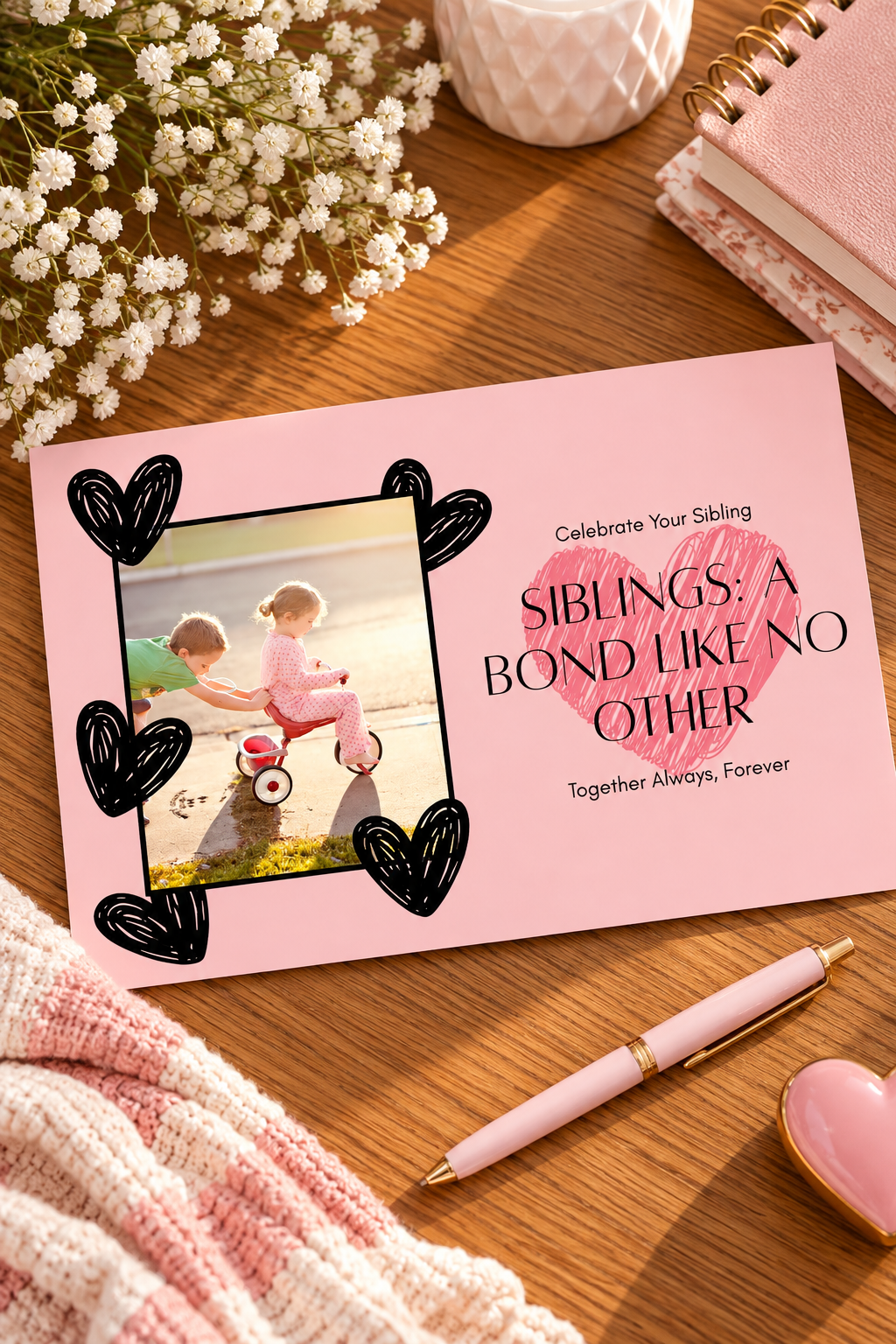 • A sweet pink greeting card featuring a photo frame bordered by chunky, hand-drawn black hearts next to a large scribbled pink heart overlayed with the elegant text SIBLINGS: A BOND LIKE NO OTHER.