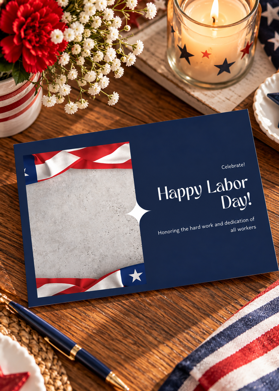 A horizontal holiday greeting card with a dark navy blue background on the right and a square image insert on the left. The square image displays a textured, light gray concrete surface framed at the top and bottom by draped, realistic folds of the American flag showing red and white stripes and a white star on a blue field. The right side features elegant white typography that reads "Celebrate!", "Happy Labor Day!", and a subtext note reading "Honoring the hard work and dedication of all workers".
