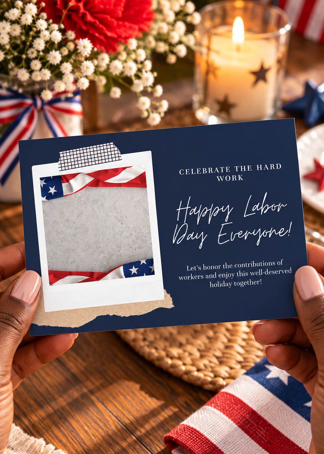A horizontal holiday greeting card with a dark navy blue background. The left side showcases a white retro instant photo frame attached to the card with a strip of black and white checkered Washi tape at the top and a torn piece of brown kraft paper at the bottom. Inside the photo frame is a textured gray concrete surface bordered at the top and bottom by draped, realistic folds of the American flag. The right side features crisp white text reading "CELEBRATE THE HARD WORK", followed by a handwritten cursive script that says "Happy Labor Day Everyone!", and a short paragraph honoring the contributions of workers.