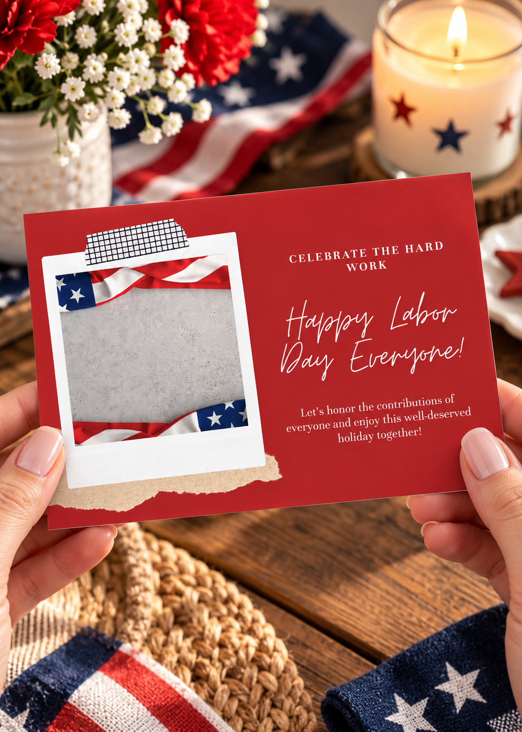 A horizontal greeting card design set against a bold red background. On the left side, an instant film style photo frame is tilted slightly and taped with black and white checkered Washi tape at the top, resting on a torn strip of brown kraft paper at the bottom. The image inside the frame displays a gray textured concrete background bordered by the flowing folds of an American flag at the top and bottom. The right side features elegant white text reading "CELEBRATE THE HARD WORK" above a dynamic handwritten script that says "Happy Labor Day Everyone!", followed by a paragraph encouraging the appreciation of workers' contributions.