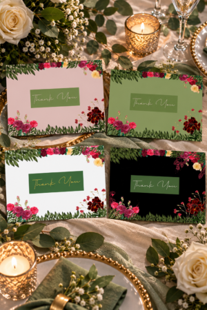 Four printable wedding thank you cards in pink, green, white, and black with elegant dark red rose illustrations displayed on a romantic dinner table with warm lit candles.
