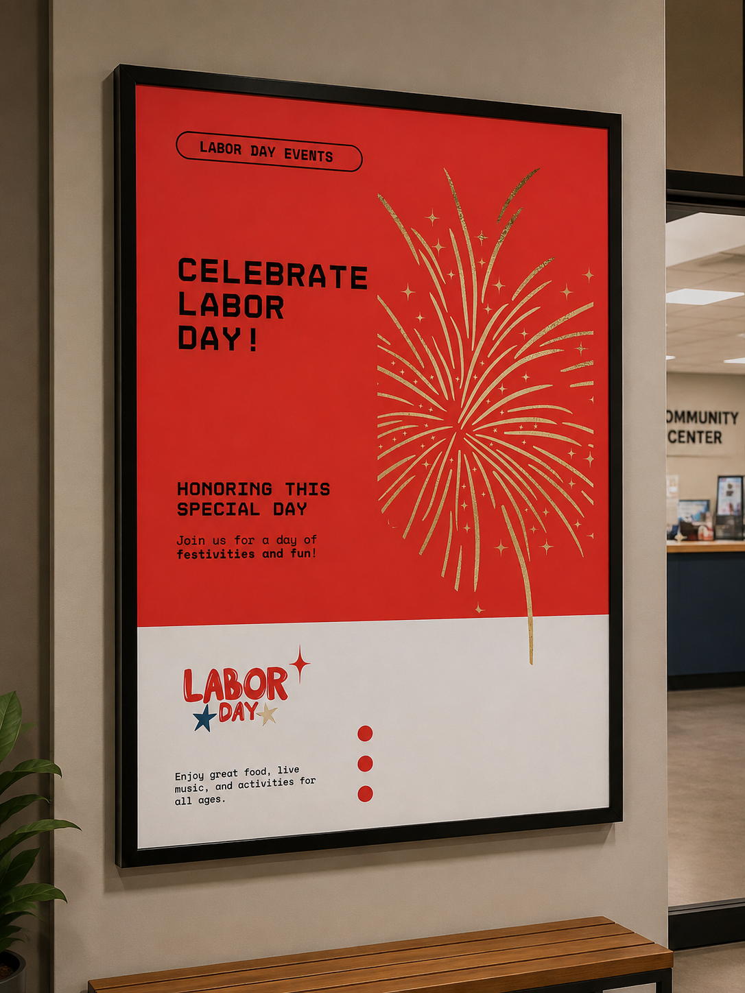 Red and white colored with a gold sparkle says celebrate the spirit of American workers with this premium Labor Day digital poster.