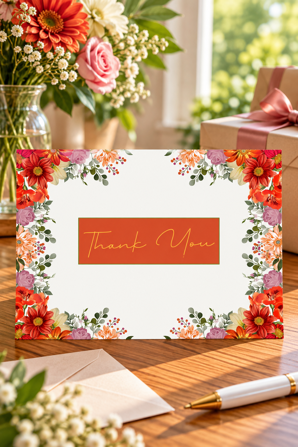 Featuring a beautiful arrangement of vibrant orange blossoms, soft blush and lavender roses, delicate greenery, and warm seasonal accents, this elegant card brings a touch of natural beauty and sophistication to every heartfelt thank-you.