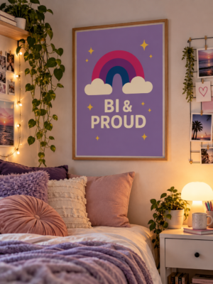 This cute, modern design features a bi pride rainbow with fluffy clouds and star like sparkles on a calming pastel background finished with the bold message BI and PROUD.