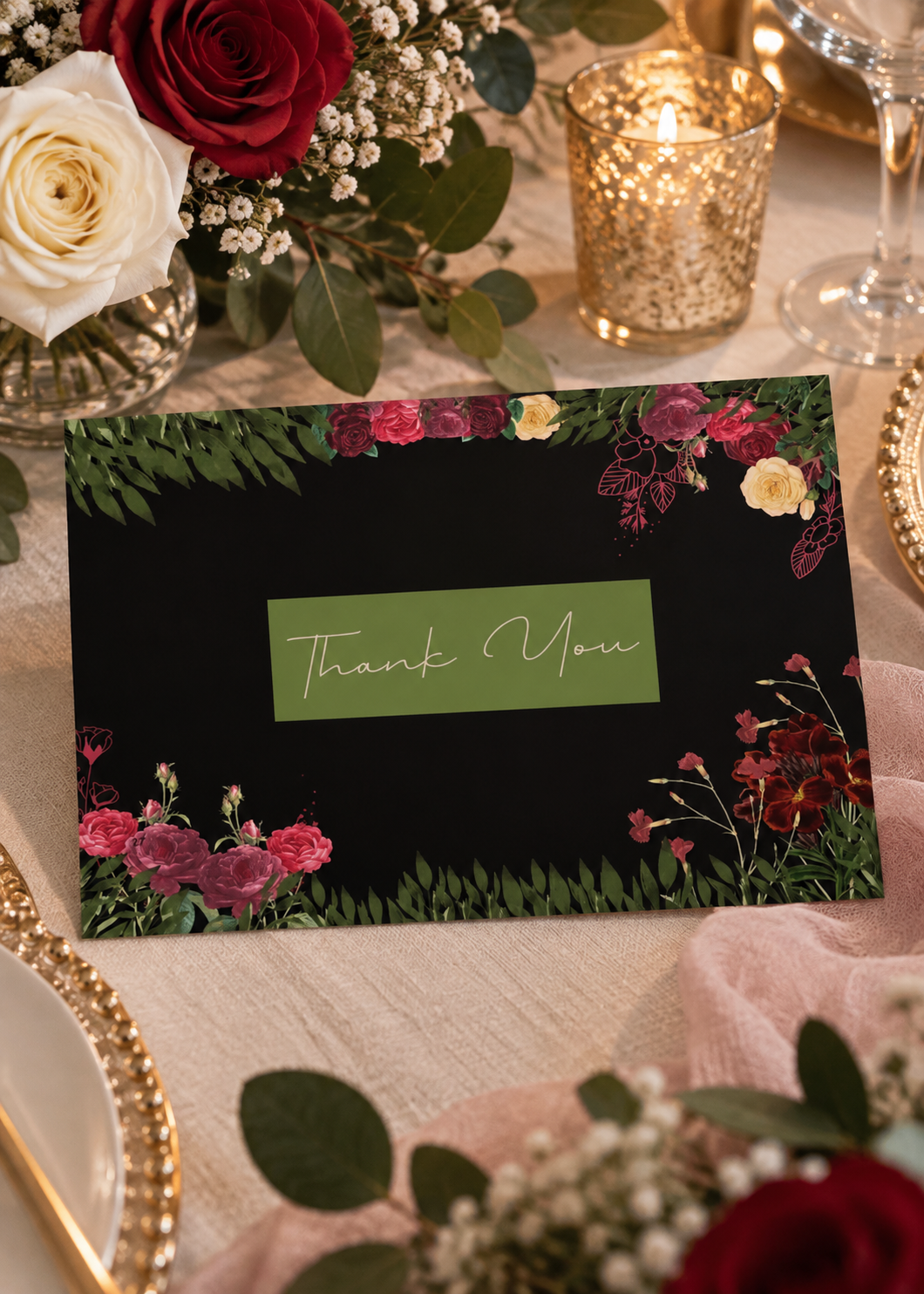 Black Velvet Garden Thank You Card, a sophisticated floral design created for weddings, formal events, and elevated celebrations. This card blends deep black tones with lush botanical details to create a timeless, luxurious look that feels intentional, elegant, and emotionally resonant.