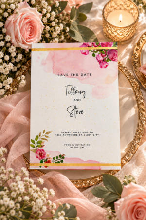 Blush Garden Event Save The Date Template. Featuring soft pink florals and subtle gold accents, this printable design is a 5x7 Save The Date invitation.
