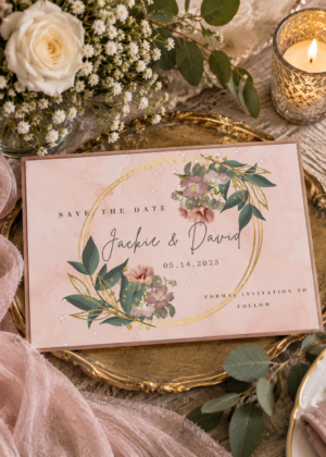 this Blush Pink Floral Save the Date Card. A delicate gold circle frame and soft blush florals create a romantic, modern look perfect for classic, boho, or garden weddings.