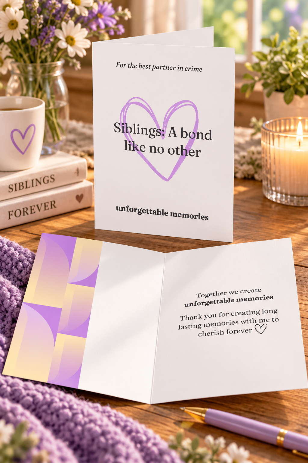 A white and lavender color heart 5x7 sibling appreciation card sitting on a decorative table.
